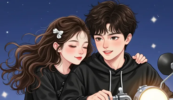 Close-up manhwa-style image of a girl clinging tightly to the back of a boy on a motorcycle. The boy’s face is intense, sharp jawline, wind sweeping his hair. The girl’s cheek is pressed against his back, eyes closed, wind blowing through her hair. Semi-re...