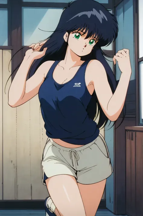 ((("A girl drawn in 80s anime style. She has long black hair and is wearing sportswear (loose no sleeves shirt and shorts). pure White background"))), (((pure white background))), Ayukawa Madoka, Madoka Ayukawa, 1 girl, long hair, dark blue hair, green eye...