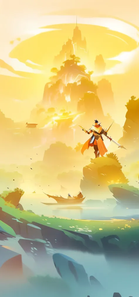 cartoon illustration of a man on a boat in a lake, background art, light kingdom backdrop, background artwork, odin's stone arena background, style of duelyst, golden sword, mobile game background, godrays digital painting, splash screen art, concept art. ...