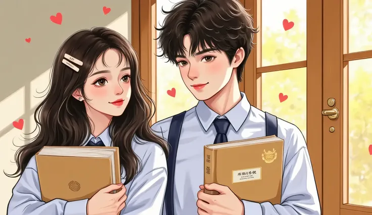 Close-up semi-realistic portrait of a handsome age boy and a beautiful age girl standing in a sunlit school hallway. Both are wearing white and navy blue school uniforms. The boy has messy black hair, sharp eyes, leaning casually against the wall with a pl...