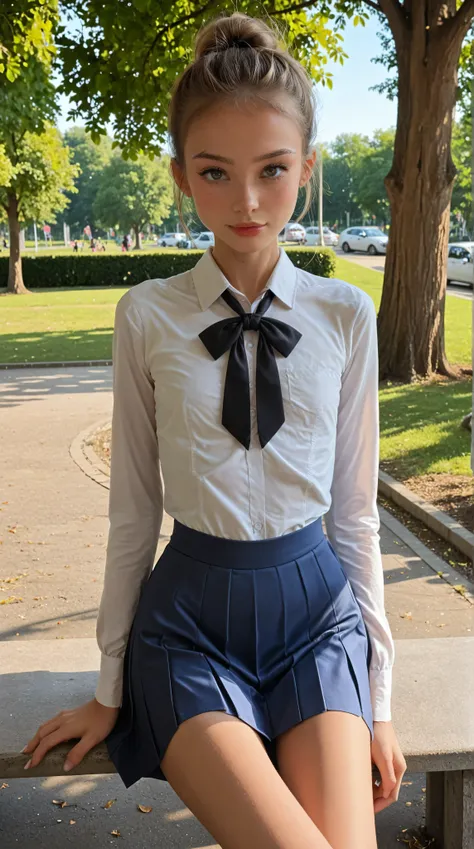  cute girl with short hairstyle light colour is posing with in the park in school classical uniform in the classroom bulding. She is skinny, cute face, small nose, beautiful eyes. Full body view