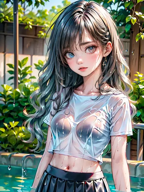(Excellent: 1.2), (Very Beautiful: 1.3), (Absurd: 1.3), 1 girl, ((Wringing out wet hair with hands)), ((High school girl with heterochromia)), ((Heterochromia, red eyes, blue eyes)), ((Sparkling eye detail)), ((Crystal-like eyes)), ((Anatomically accurate ...