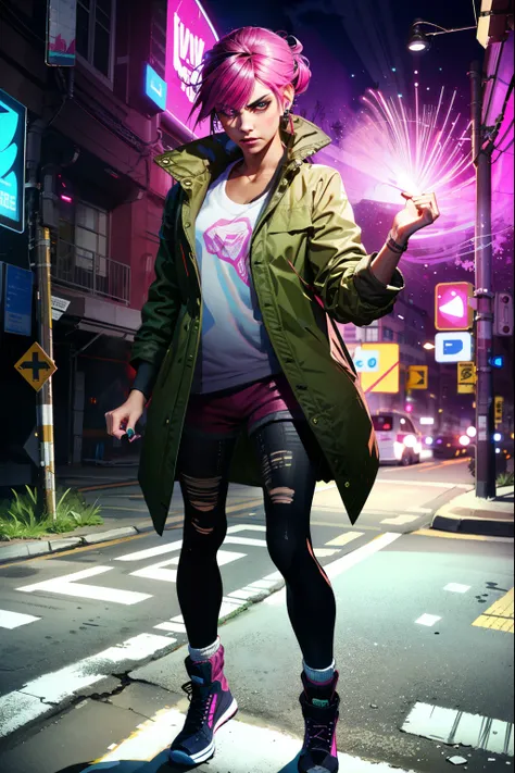 looking at viewer, (extremely detailed CG unity 4k wallpaper),(best illustration),(best shadow),(absurdres), (simple background), fetchxl, Abandoned building, multicolored hair,pink hair, pink glowing eyes, green jacket,white shirt with logo,shorts, jeam s...