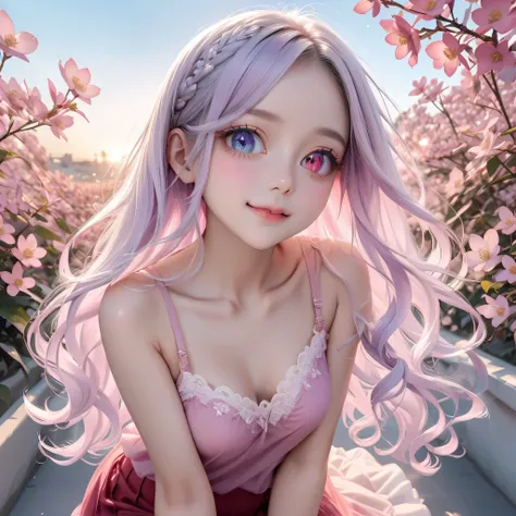((Highest quality, 8K, highest resolution, ultra-realistic)), ((High school girl with odd eyes)), ((Heterochromia, red eyes, blue eyes)), ((Sparkling and delicate eyes)), (Very detailed eyes), ((Crystal-like pupils)), ((Long wavy hair that is a mix of plat...