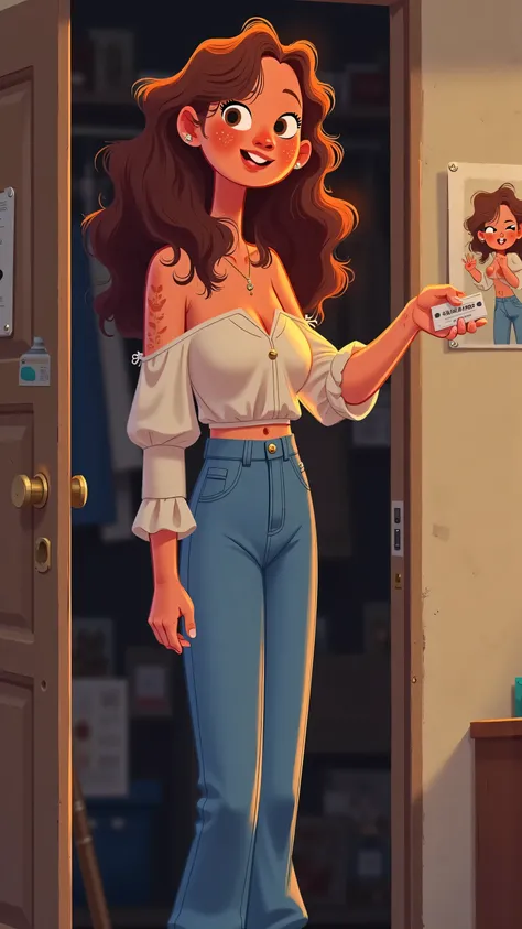 Panoramic lens,A beautiful and elegant woman stands by the closet,A ticket in hand;long brown wavy curls,brown eyes,Wearing a white off-the-shoulder top and blue denim pants,white sneakers。, the poster of the male idol singer is still hanging in the room,b...