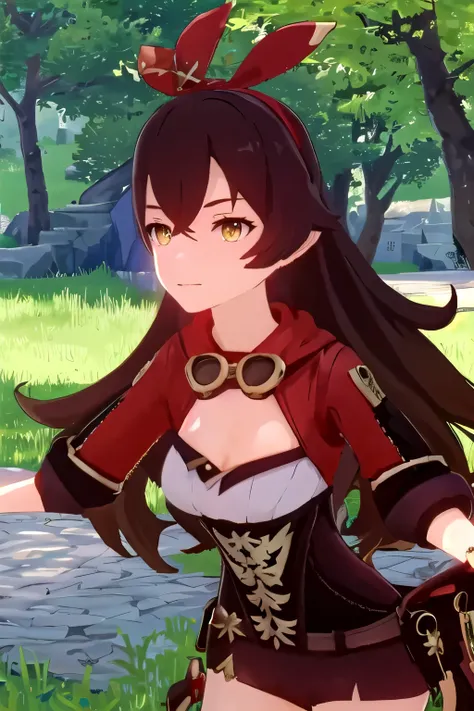 Amber from (Genshin Impact\) bending forward to say hi, lush green woods in background