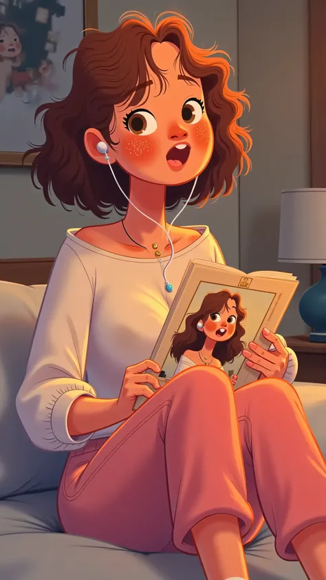 frontal footage ,The is sitting on the bed in pajamas,Has short brown hair,Wearing a white long sleeve t-shirt and pink pajama pants,Wearing white socks ;holding this oversized poster,is looking at the poster in her hand,listening to songs with MP3 headp...