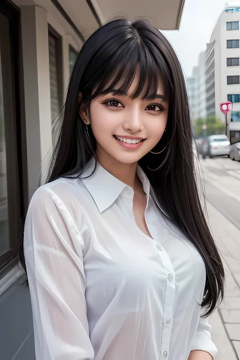 (8k,RAW photo,highest quality,masterpiece:1.2),(long black hair,dull bangs),indian female 22 years old,beautiful face,(grin and laugh:1.2),(business women&#39;s clothing,(black jacket:1.1),(white shirt:1.5),(Button closes),((transparent bra)),(black wrap s...
