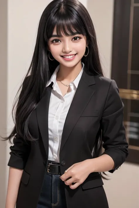 (8k,RAW photo,highest quality,masterpiece:1.2),(long black hair,dull bangs),indian female 22 years old,beautiful face,(grin and laugh:1.2),(business women&#39;s clothing,(black jacket:1.1),(white shirt:1.5),(Button closes),((transparent bra)),(black wrap s...