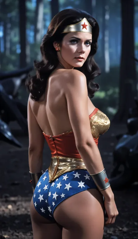 best quality, 1 Girl, alone,   Wonder Woman  , breast,  and watch the viewer , full body, brunette,  Brown Eyes,  Black Forest landscape at night, ((( Surrounded by Unknown Beasts)))， blurred background , (((movie Emmanuelle 1974 that she has never seen)))...