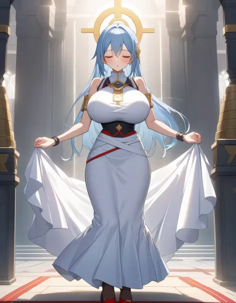 score_9, score_8_up, fantasy, source_anime, BREAK, holy temple, (1 skinny goddess standing), arched back, (huge breasts), (bouncing perky breasts), clasping own hands under breasts like praying, breast lift, BREAK, narrow waist, skinny legs, long skirt