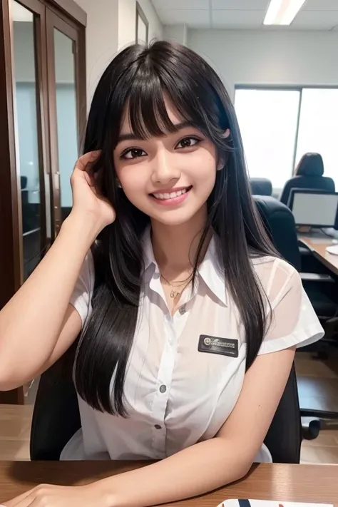 (8k,RAW photo,highest quality,masterpiece:1.2),(long black hair,dull bangs),indian female 22 years old,beautiful face,(grin and laugh:1.2),(business women&#39;s clothing,(black jacket:1.1),(white shirt:1.5),(Button closes),((transparent bra)),(black wrap s...