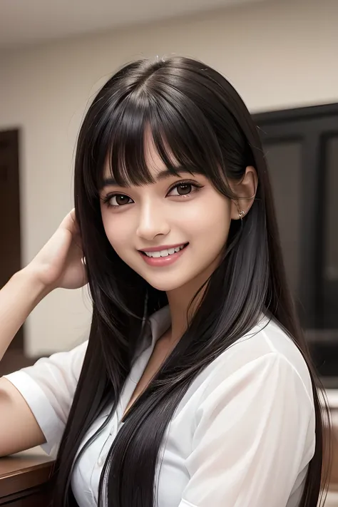 (8k,RAW photo,highest quality,masterpiece:1.2),(long black hair,dull bangs),indian female 22 years old,beautiful face,(grin and laugh:1.2),(business women&#39;s clothing,(black jacket:1.1),(white shirt:1.5),(Button closes),((transparent bra)),(black wrap s...