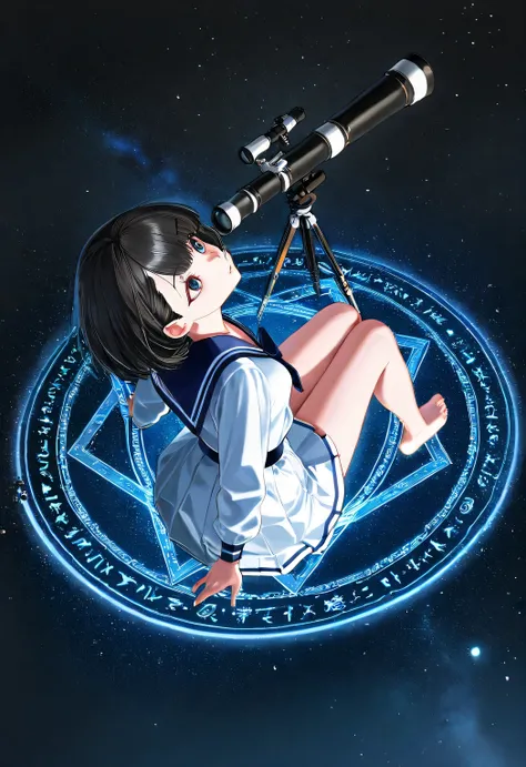 } Breathtaking Beauty, super quality, 8k, from side:1.331, illustration, Angle of view above the knee, A beautiful Japanese woman in a sailor suit is looking up at the starry sky with a telescope, black hair, Ultra High Quality, 8k, Breathtaking beauty, cy...