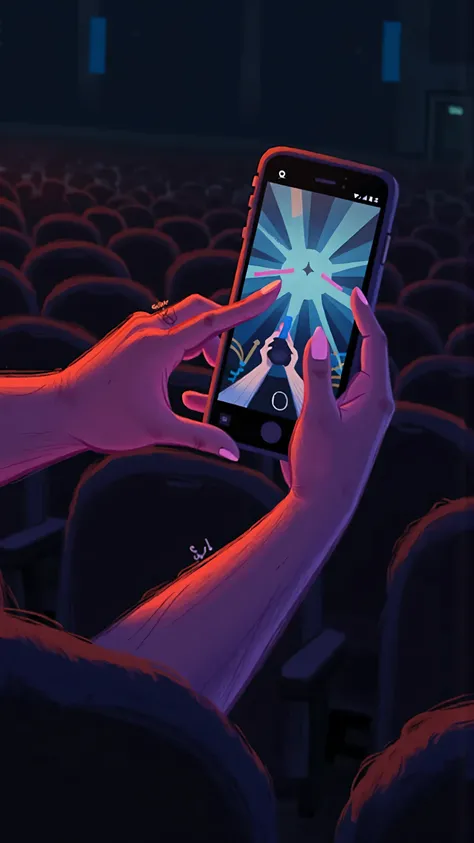 close-up,Phone details,A hand(soft and slender hands,applying pink nail polish to their hands、sleeveless)holding a phone taking pictures。in dim light,Waving glow sticks。stretching out in a row of black seats,The audience was full of。Cinematic atmosphere li...