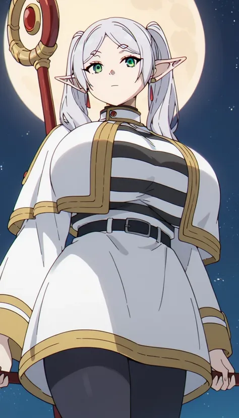 score_9, score_8_up, score_7_up,
 FrierenSSnF,
1girl, solo, closed mouth,
grey hair, long hair, green eyes, twintails, parted bangs, earrings, pointy ears, 
FrierenCasual, striped shirt, white capelet, black belt, white skirt, long sleeves, black pantyhose...
