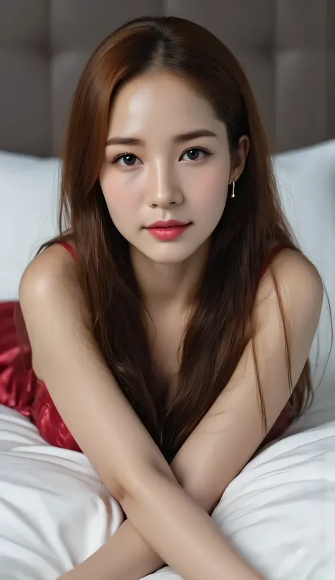 a beautiful woman, on her stomach on the mattress, both arms hold the body, body facing front, using a red satin sleeveless nightgown, payudara besar, visible cleavage, red lips, bentuk tubuh ideal, tubuh basah, pakaian basah