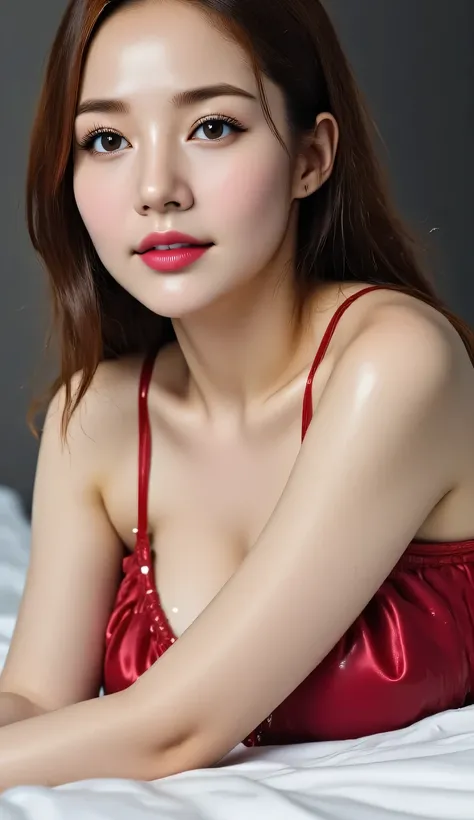 a beautiful woman, on her stomach on the mattress, both arms hold the body, body facing front, using a sexy sleeveless nightgown in red satin material, payudara besar, visible cleavage, red lips, bentuk tubuh ideal, tubuh basah, pakaian basah