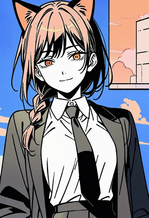 1 girl with cat ears, hand \(Chainsaw Man\), Chainsaw Man, black jacket, Black Necktie, Black Pants, braid, business Set, nail, formal, hand托腮,  wearing a jacket , light Smile, long sleeve, watching the audience, lookin, medium ,  working woman , Smile, al...