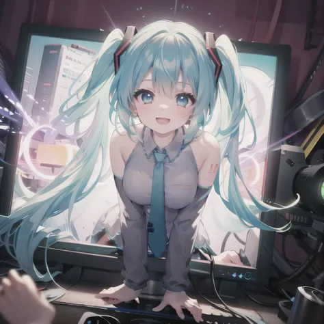 pov, from front view, HologramCzar:1.3, incoming hug:1.3, through screen, coming out of monitor, 1girl, hatsune miku, extreme close up:1.2, upper body, 85mm lens, breasts, face to viewer, arms wide open:1.5, hugging pose, expressive gesture, dynamic pose,...