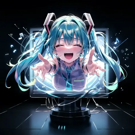pov:1.5, from front view, close up, incoming hug:1.3, through screen, coming out of monitor, 1girl, hatsune miku, upper body, leaning forward, big breasts, face to viewer, arms wide open:1.3, hugging pose, passionate singing with closed eyes, expressive ge...