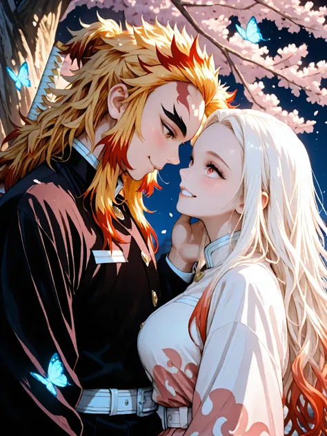anime style realism (masterpiece, 8K quality) two characters, two people. guy (1 boy) girl (1 girl).
guy, 1boy, male kyojuro rengoku, demon slayer, sheathed sword, athletic body, different hair, red hair, yellow hair, eyebrows, handsome man, demon slaye...