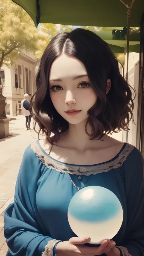 383 (20 year old woman),(short hair),(gentle smile),(high quality photos),( cinematic pictures playing on the lawn ),(colorful),(Crystal Ball),((contrast between light and shade)) ,(Da Vinci )