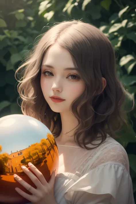 383 (20 year old woman),(short hair),(gentle smile),(high quality photos),( cinematic pictures playing on the lawn ),(colorful),(Crystal Ball),((contrast between light and shade)) ,(Da Vinci )