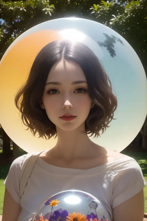 383 (20 year old woman),(short hair),(gentle smile),(high quality photos),( cinematic pictures playing on the lawn ),(colorful),(Crystal Ball),((contrast between light and shade)) ,(Da Vinci )