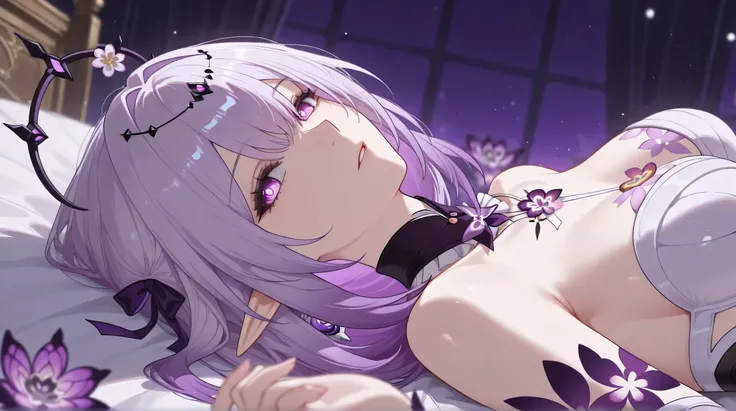 castorice honkai star rail, looking confident, lying down on bed of purple flowers, 1 girl, view on back, looking at back