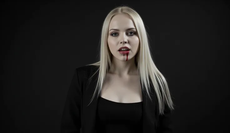 hyperrealistic, photo, masterpiece, stunning, best quality,19-year-old, vampire face, vampire teeth, drop of blood on the lips, ultra long silver hair, pale face, sexy slim outfit, green eyes, dark look, out from church, midnight.