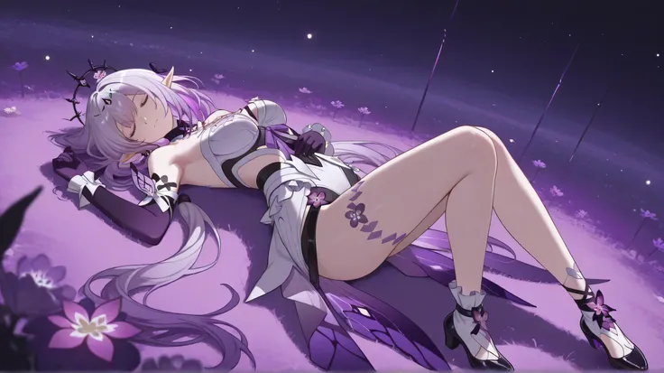 castorice honkai star rail, looking confident, eyes closed, half mouth open, lying down on field of purple flowers, 1 girl, full body, view on back, looking at back