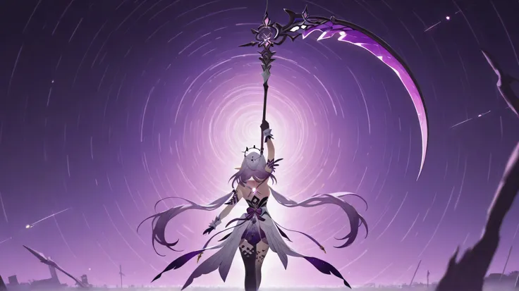 castorice honkai star rail, looking confident, dynamic pose, view on back, looking at back, holding scythe, spiral movement