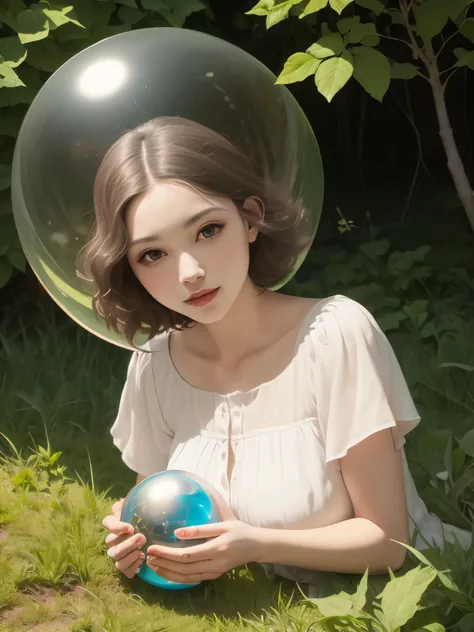 383 (20 year old woman),(short hair),(gentle smile),(high quality photos),( cinematic pictures playing on the lawn ),(colorful),(Crystal Ball),((contrast between light and shade)) ,(Da Vinci )