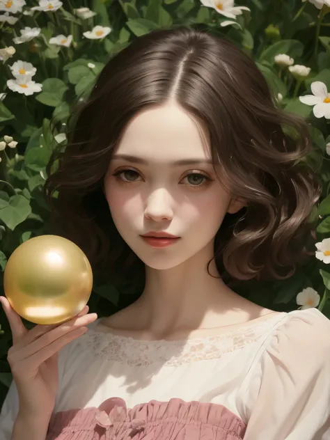 383 (20 year old woman),(short hair),(gentle smile),(high quality photos),( cinematic pictures playing on the lawn ),(colorful),(Crystal Ball),((contrast between light and shade)) ,(Da Vinci )
