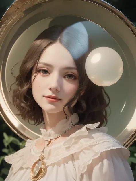 383 (20 year old woman),(short hair),(gentle smile),(high quality photos),( cinematic pictures playing on the lawn ),(colorful),(Crystal Ball),((contrast between light and shade)) ,(Da Vinci )