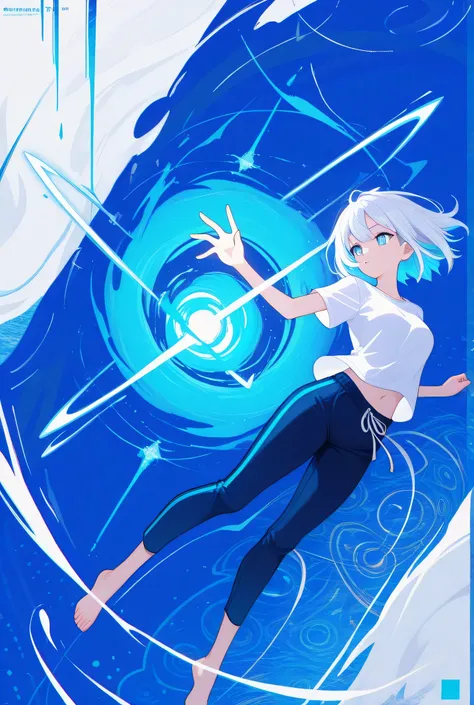 1 girl, White pupil, Power Elements,  Brilliant Blue Color Palette,  abstract, abstract background, dolphin pants, white t-shirt, 
,masterpiece,Highest Quality,Great Quality,