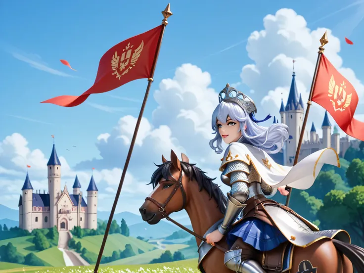 A fantasy-themed anime-style illustration of an all-female knight order marching through a vast and majestic landscape. The female knights wear ornate medieval armor, riding horses in formation, holding banners fluttering in the wind. The background featur...