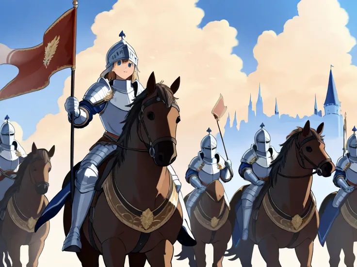 A fantasy-themed anime-style illustration of an all-female knight order marching through a vast and majestic landscape. The female knights wear ornate medieval armor, riding horses in formation, holding banners fluttering in the wind. The background featur...