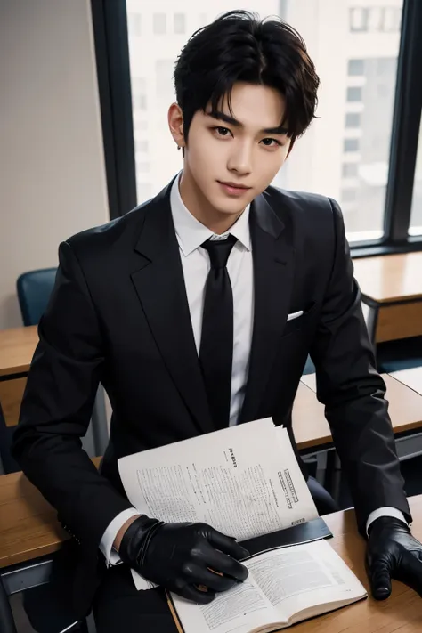 a slim muscular, Full body shot of a handsome K-pop male idol is wearing a leather school uniform with a tie and leather gloves. lie down lean on in classroom desk. tempting.sexy.try to rape.realistic high quality .intricate detail face , ultra high res, u...
