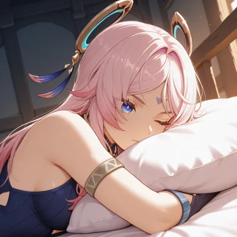citlali genshin impact, dynamic pose, dynamic angle, lying down on bed, hugging pillow, one eye closed, view from side, view from below