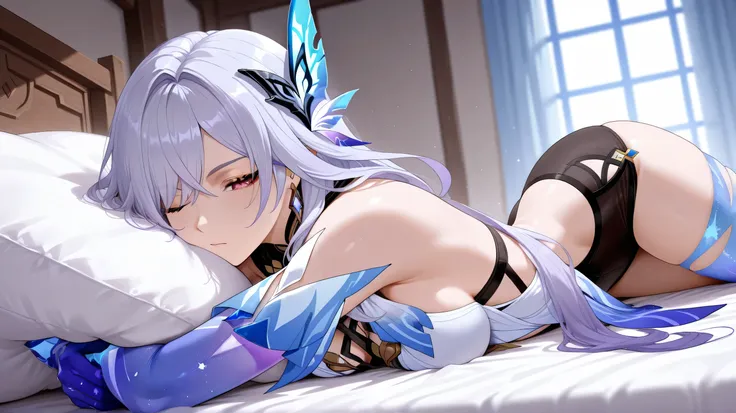 skirk genshin impact, dynamic pose, dynamic angle, lying down on bed, hugging pillow, one eye closed, view from side, view from below