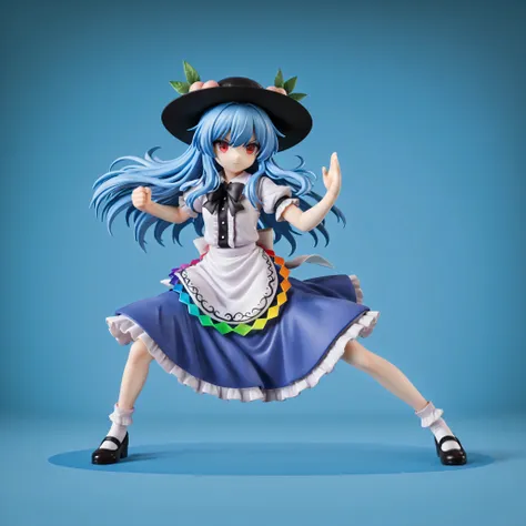 Hiwi Tenshi，touhou，blue，with red eyes，Black hat，low saturation，background，Battle Stance