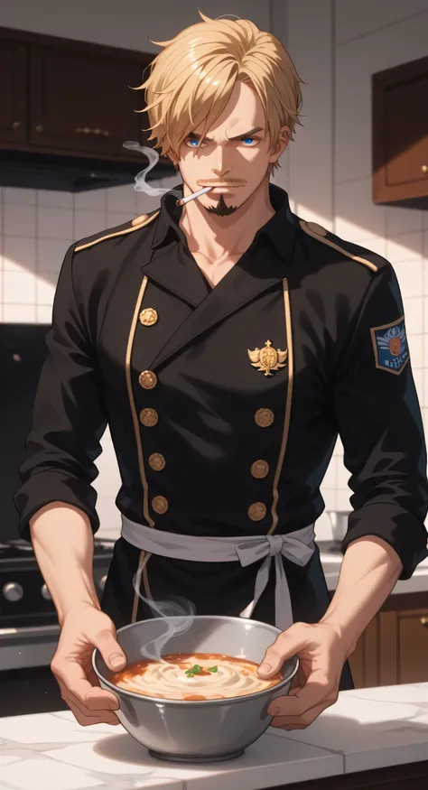 1male,solo,Sanji Vinsmoke,blond hair,blue eyes,goatee,cool face,smoking,ciggarette,black cook uniform,cooking,