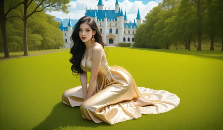 (Obra prima),(Realista),( resolution 4k), (full body portrait), A 27-year-old woman, looks young and mature at the same time. "She is queen", She wears a fine gold crown and details of very bright colored Jasper stones. Ela tem 1,64 slightly distributed in...