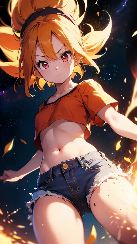 8K,((Highest Quality)), ((masterpiece)), ((high definition)), ((perfect face)),Super Saiyan,orange bandana,Red T-shirt,Belly button,jeans,girl,闘うgirl,((wear an aura all over your body)),((flat chested)),(( small )),hair,iris eyes,Dynamic Movement, Kamehame...