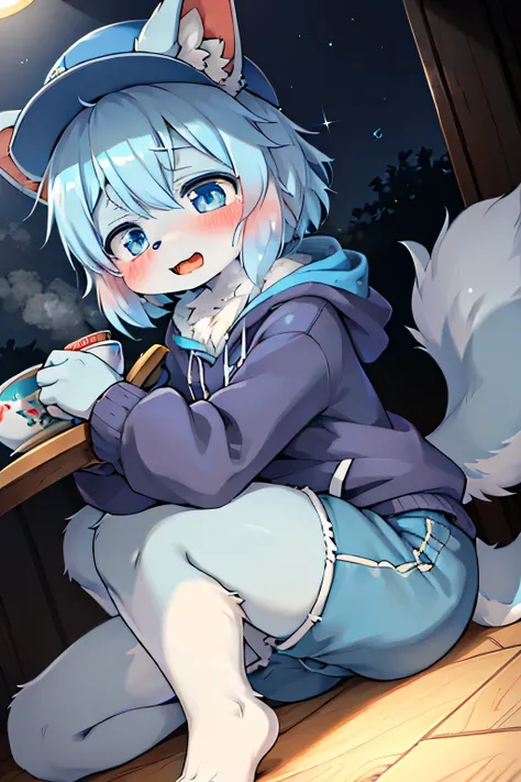 boy,青いfur,animalの耳,8K High Resolution, Blue short pants , grey hoodie,hat,fur,Blue Neckerchief,Grey Dog Tail,Pretty Beast,animal,Kemono,青色の boyと黄色の少女!I'm going to cry out loud,Deep kiss with someone else,cries事が大好きな雄の青年, bet, boy,boy,cries, lots of light b...