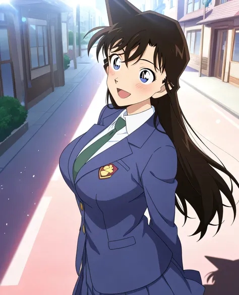 (masterpiece),(best quality),(ultra-detailed),(best illustration),(best shadow),(absurdres),(detailed background),(very aesthetic),anime screencap,mouri ran,mouriranai, brown hair, blue eyes, long hair, open mouth, breasts, large breasts, lens flare, skirt...
