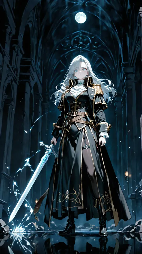 Moon, tall and wise woman, shrouded in mystery, gracefully stood on the endless shore of the black ocean. Her pale silhouette was illuminated by moonlight. She held an ice sword in her hand, like a work of art. Her face, full of expression and depth, it lo...