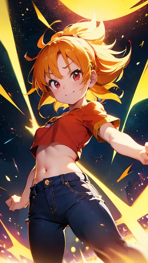 8K,((Highest Quality)), ((masterpiece)), ((high definition)), ((perfect face)),Super Saiyan,金hair,orange bandana,Red T-shirt,Belly button,jeans,fist pose,girl,闘うgirl,((wear an aura all over your body)),((flat chested)),(( small )),hair,Confident Smile,iris...